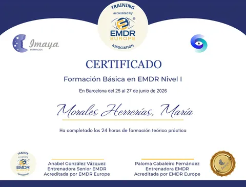 Certificado de Formación Básica en EMDR Nivel I, de Imaya Formación, acreditado por EMDR Europe