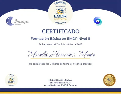 Certificado de Formación Básica en EMDR Nivel II, de Imaya Formación, acreditado por EMDR Europe