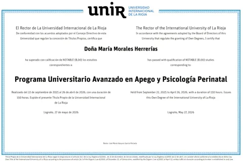 Título del Programa Universitario Avanzado en Apego y Psicología Perinatal, de la UNIR