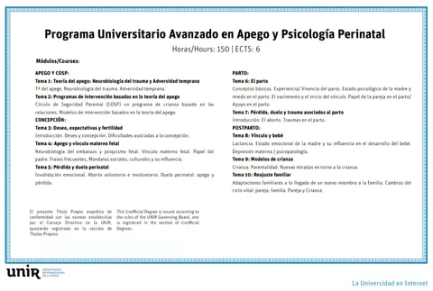 Módulos del Programa Universitario Avanzado en Apego y Psicología Perinatal, de la UNIR
